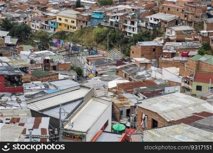 Over view at houses on the hills of Comuna 13 in Medellin, Columbia