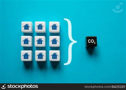 Overall production of CO2 carbon dioxide by households. Improving energy efficiency, lowering impact on environment. Decarbonization. Climate change. Green energy transition. Pollution reduction.
