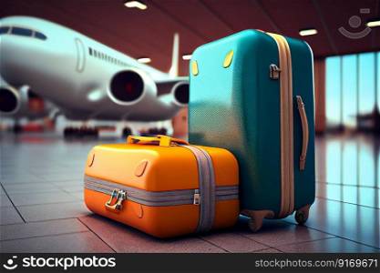 overall suitcases baggage and boxes, luggage loading on the plane in airport  illustration Generative AI.