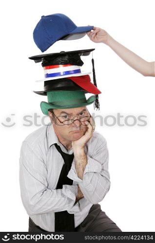Overburdened worker wearing too many hats and someone is adding one more. Isolated on white.