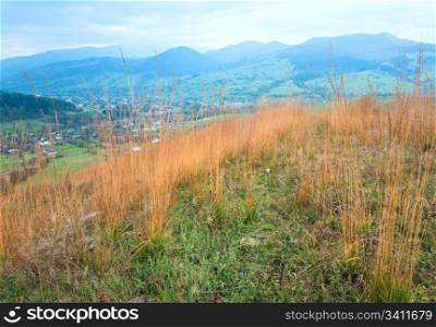 Overcast autumn mountain country landscape and high yellow grass in front(trans-Carpathian, Ukraine).