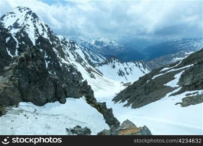 Overcast mountain view from the Karlesjoch cable ski lift upper station (3108m., near Kaunertal Gletscher on Austria-Italy border)