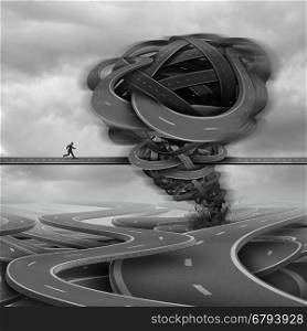 Overcoming challenges business concept as a businessman trying to cross a path with a tornado obstacle made of roads in his way as a crisis and courage metaphor with 3D illustration elements.