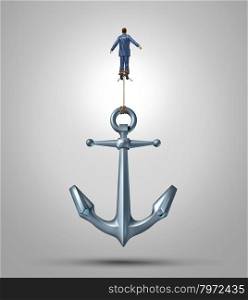 Overcoming limitations and adversity as a business concept of liberation confidence and courage to escape the obstacles of life as a businessman rising up lifting a heavy anchor achieving success with the power of belief.