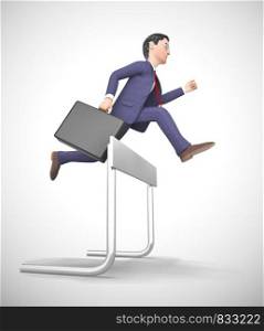 Overcoming obstacles depicted by a man jumping over a hurdle. Rising to the challenge and succeeding - 3d illustration