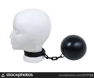 Overcoming struggles shown by a model head with a ball and chain around the neck - path included
