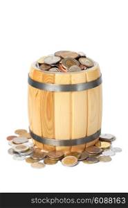 overflowing barrel with various coins