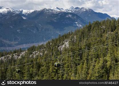 Overhead cable cars over mountain valley, BC Coast, Coast Mountains, Squamish, British Columbia, Canada