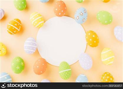 Overhead easter eggs and circle white paper isolated on pastel background with copy space, decoration paper round blank, Happy Easter Day, composition banner web design holiday background, flat lay
