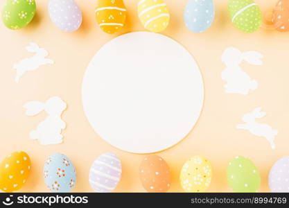 Overhead easter eggs with rabbit paper cut and circle white paper isolated on pastel background, Funny decoration paper round blank, Happy Easter Day, Creative banner web design holiday background