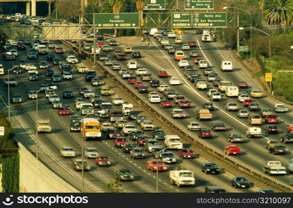 Overhead of heavy traffic on freeway.( Los Angeles, CA)