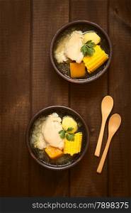 Overhead shot of two bowls of traditional Chilean Cazuela de Pollo (or Cazuela de Ave) soup made of chicken, sweetcorn, pumpkin and potato, garnished with fresh coriander, photographed on dark wood with natural light