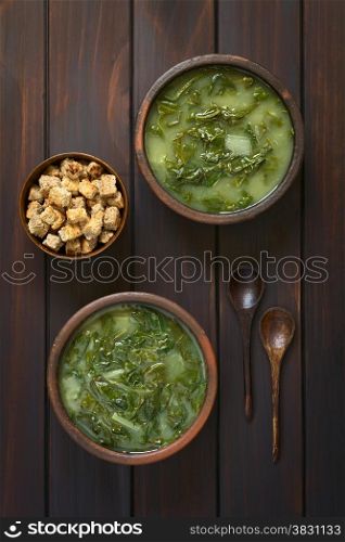 Overhead shot of two rustic bowls of chard soup and a small bowl of croutons with two wooden spoons, photographed on dark wood with natural light