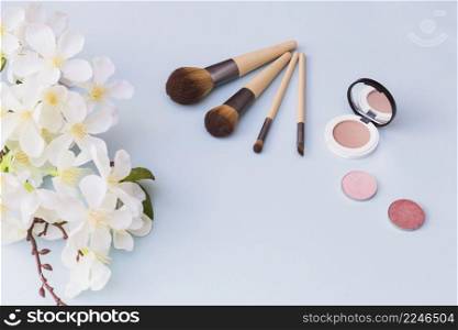 overhead view cherry blossom twig makeup brush blusher blue background