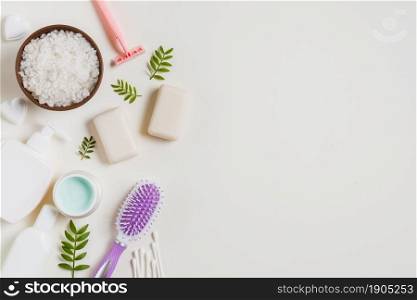 overhead view cosmetics products soap razor ear buds green leaves white backdrop. Beautiful photo. overhead view cosmetics products soap razor ear buds green leaves white backdrop