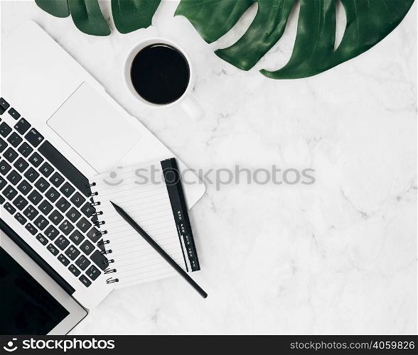 overhead view diary pencil laptop coffee cup monstera leaf marble backdrop