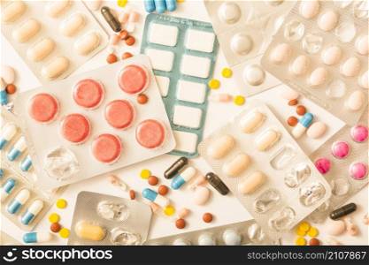 overhead view different pills blister package