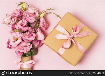overhead view fresh flower bouquet wrapped decorative gift box
