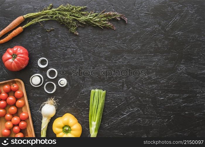 overhead view fresh vegetables kitchen worktop