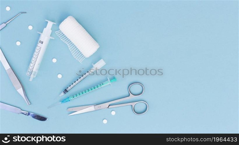 overhead view medical equipment s blue background. High resolution photo. overhead view medical equipment s blue background. High quality photo