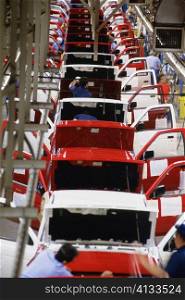 Overhead view of Nissan trucks near end of assembly line, Smyrna, Tennessee