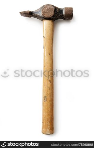 Overhead view of old used hammer isolated on white background