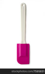 Overhead view of pink plastic spatula isolated on white background