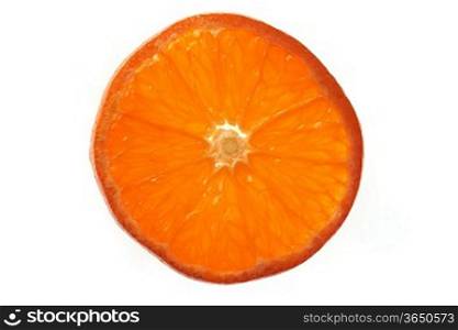 Overhead view of slice of orange on plain background