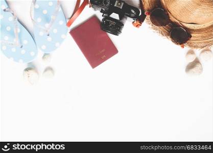 Overhead view of Summer Travel concept on white background with copy space