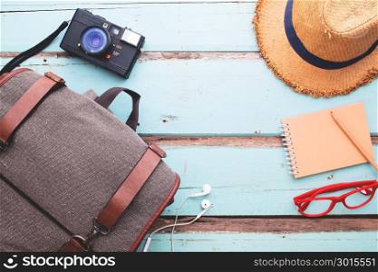 Overhead view of traveler&rsquo;s accesories, Vacation items, Travel concept