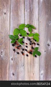 Overhead view of wild blackberries and leafs on rustic wooden boards in vertical format.