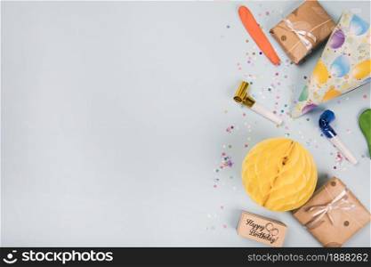 overhead view party items gray background . Resolution and high quality beautiful photo. overhead view party items gray background . High quality and resolution beautiful photo concept