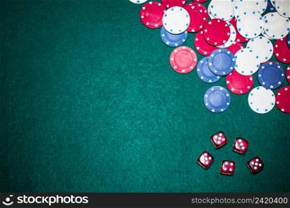 overhead view red dices casino chip green poker table