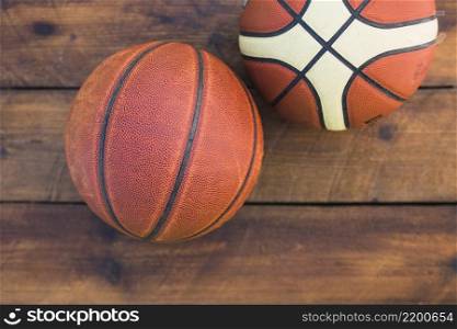 overhead view two basketball wooden textured background