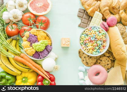 overhead view unhealthy versus healthy food background