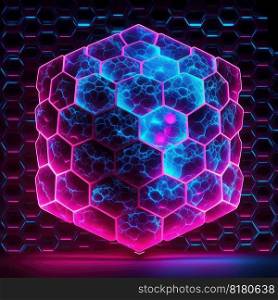 Overlapped Lightning neon magical hexagon effecting on black background. Reflection of glowing digital abstract portal effect on cyberpunk concept. Finest generative AI.. Overlapped Lightning neon magical hexagon effecting on black background.