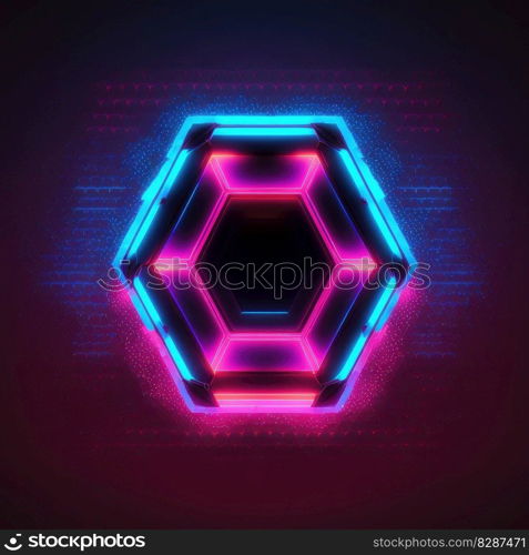 Overlapped Lightning neon magical hexagon effecting on black background. Reflection of glowing digital abstract portal effect on cyberpunk concept. Finest generative AI.. Overlapped Lightning neon magical hexagon effecting on black background.