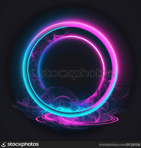 Overlapped Lightning neon magical round effecting on black background. Reflection of glowing digital abstract portal effect on cyberpunk concept. Finest generative AI.. Overlapped Lightning neon magical round effecting on black background.