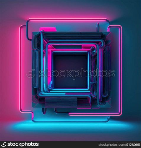 Overlapped Lightning neon magical square effecting on black background. Reflection of glowing digital abstract portal effect on cyberpunk concept. Finest generative AI.. Overlapped Lightning neon magical square effecting on black background.