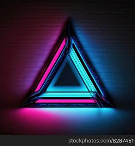 Overlapped Lightning neon magical triangle effecting on black background. Reflection of glowing digital abstract portal effect on cyberpunk concept. Finest generative AI.. Overlapped Lightning neon magical triangle effecting on black background.