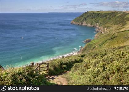 Overlooking the emerald sea at Lantic Bay, Cornwall, England.
