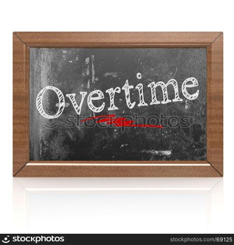 Overtime text written on blackboard, 3D rendering. Blank blackboard