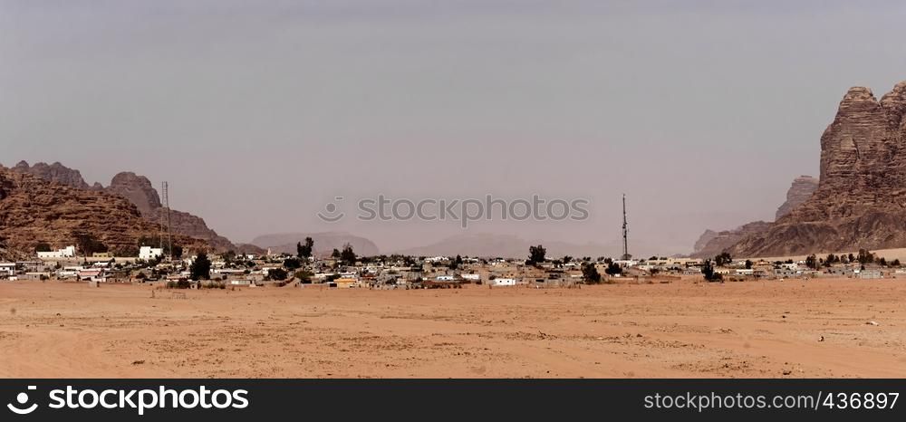 "Overview and panorama of the Bedouin village "Wadi Rum Village" on the edge of the Wadi Rum Nature Reserve, Jordan, middle east"