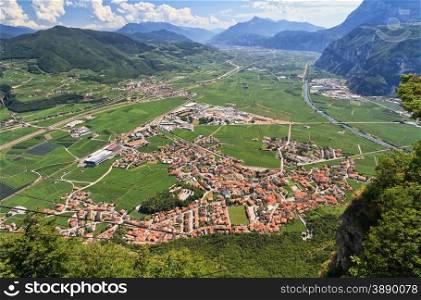 Overview of Adige Valley with Mezzacorona village, Trentino, Italy