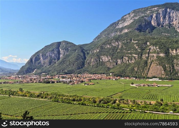 Overview of Adige Valley with Mezzolombardo village, Trentino, Italy