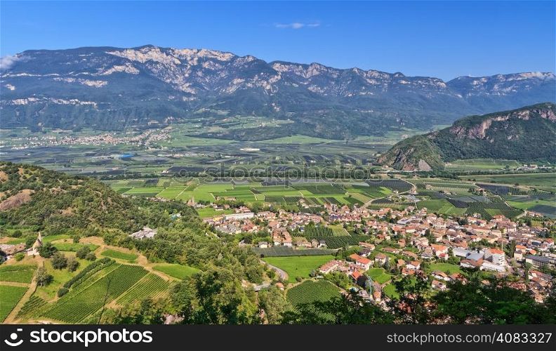 Overview of Adige Valley with Ora village on foreground