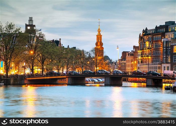 Overview of Amsterdam with Munttoren at sunset