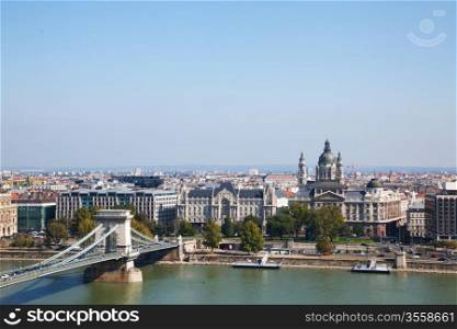 Overview of Budapest with Szechenyi chain bridge and St. Stephen&rsquo;s Basilica