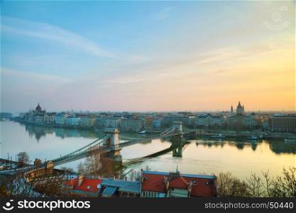 Overview of Budapest with the Parliament building at sunrise