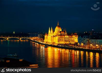 Overview of Budapest with the Parliament building at sunset